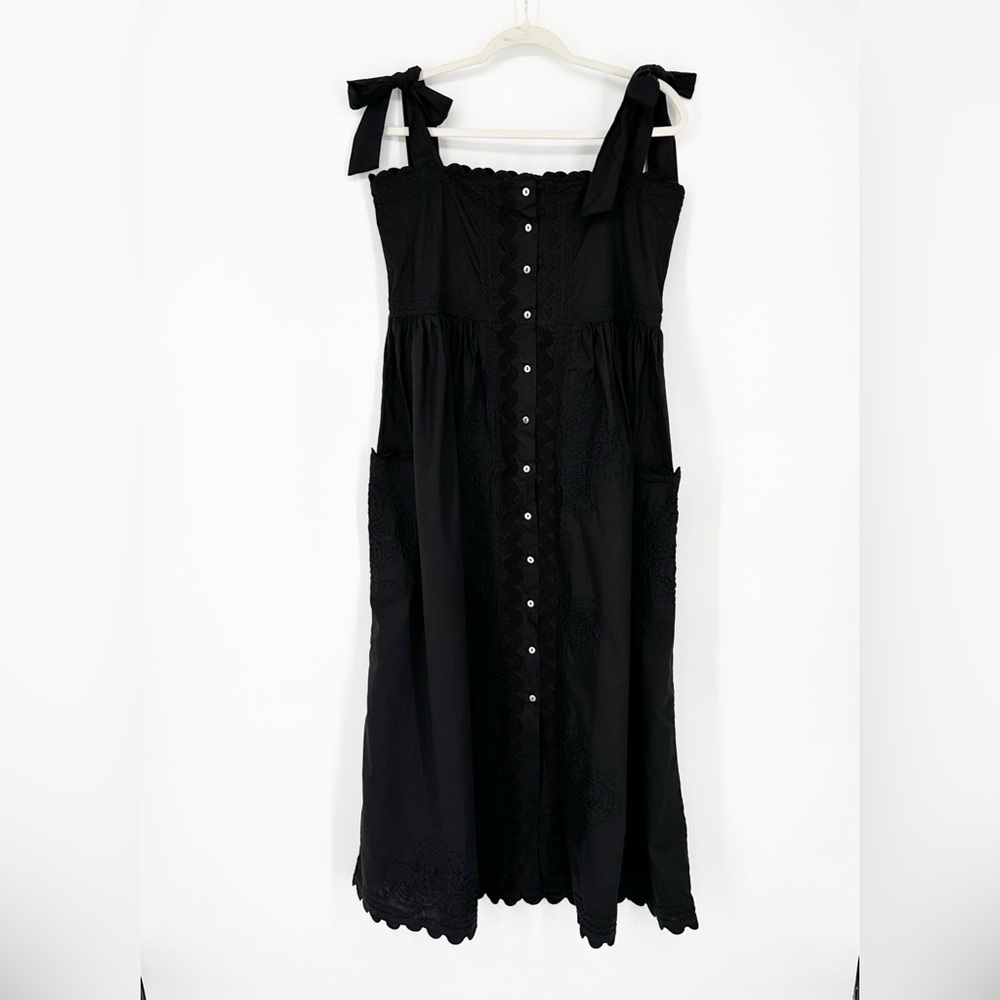 NWT Juliet Dunn Black Poplin Ric Rac Tie Shoulder Dress